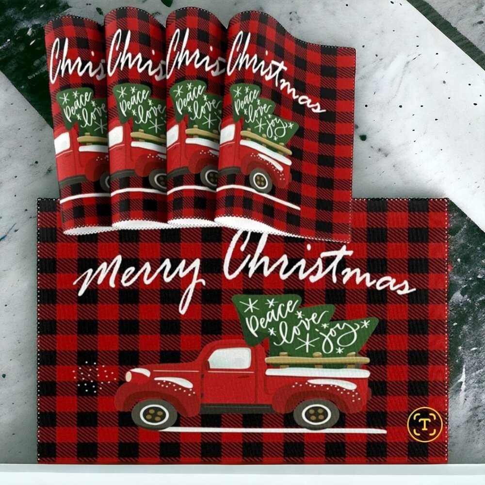 NWT VISESUNNY MERRY CHRISTMAS Red Buffalo Plaid Placemats (6 qty each pack)